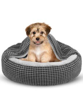 Cozy Donut Cuddler Dog Bed with Blanket, Anti-Anxiety Hooded Cave, 23" Washable